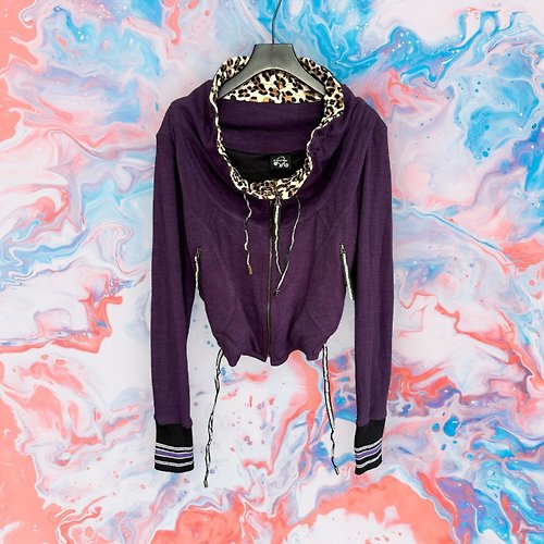 蘿綺莉蕾芭索 二手 POUPINE 深紫 微毛料 亮片珠飾 抽繩 大領 中短版 外套 G108