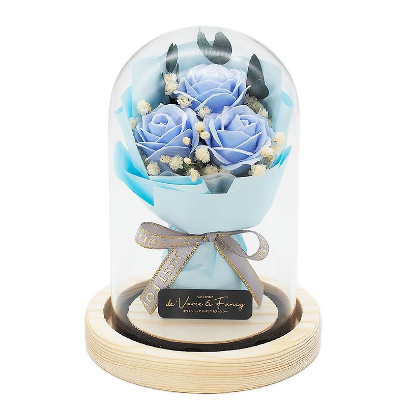 Devalier Soap Flower, Flower Dome, Rose, Bouquet, Natural Wood, Glass, Birthday Gift, Women's Flower lover , Devalier Original hi-01-blu - Items for Display - Glass Blue
