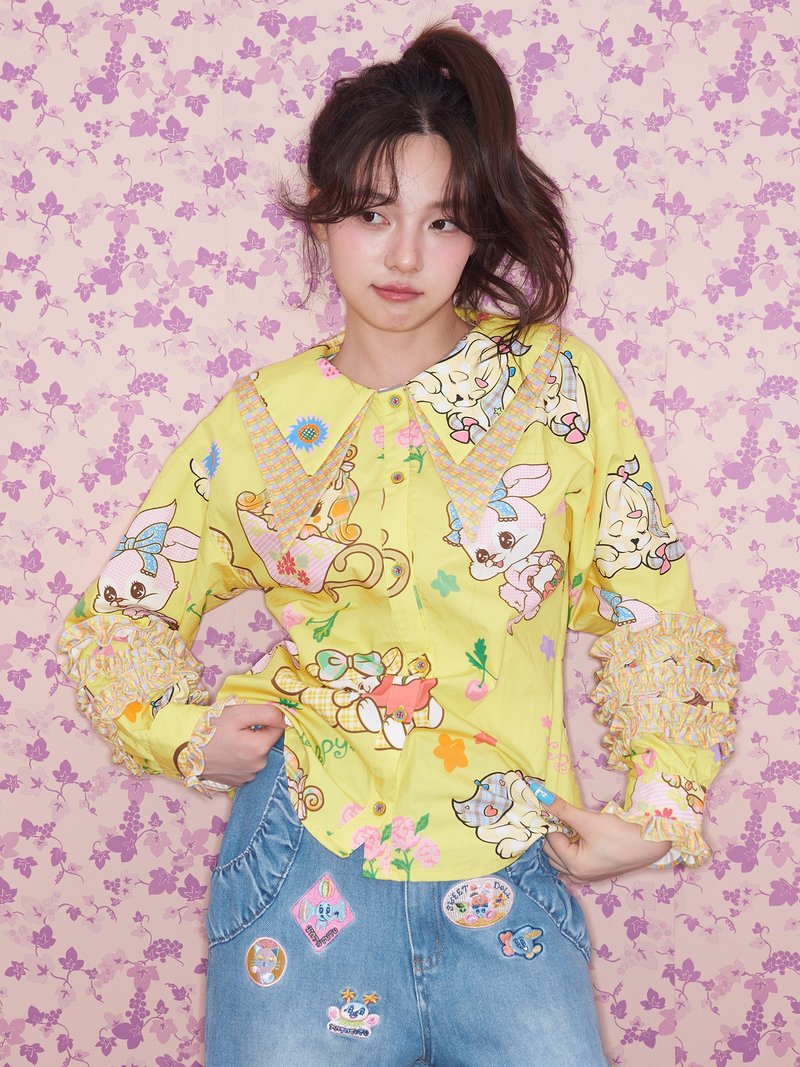 Yellow Ruffle Little Animal Print Shirt with Plaid Collar, Playful Charm - Women's Shirts - Other Materials Multicolor