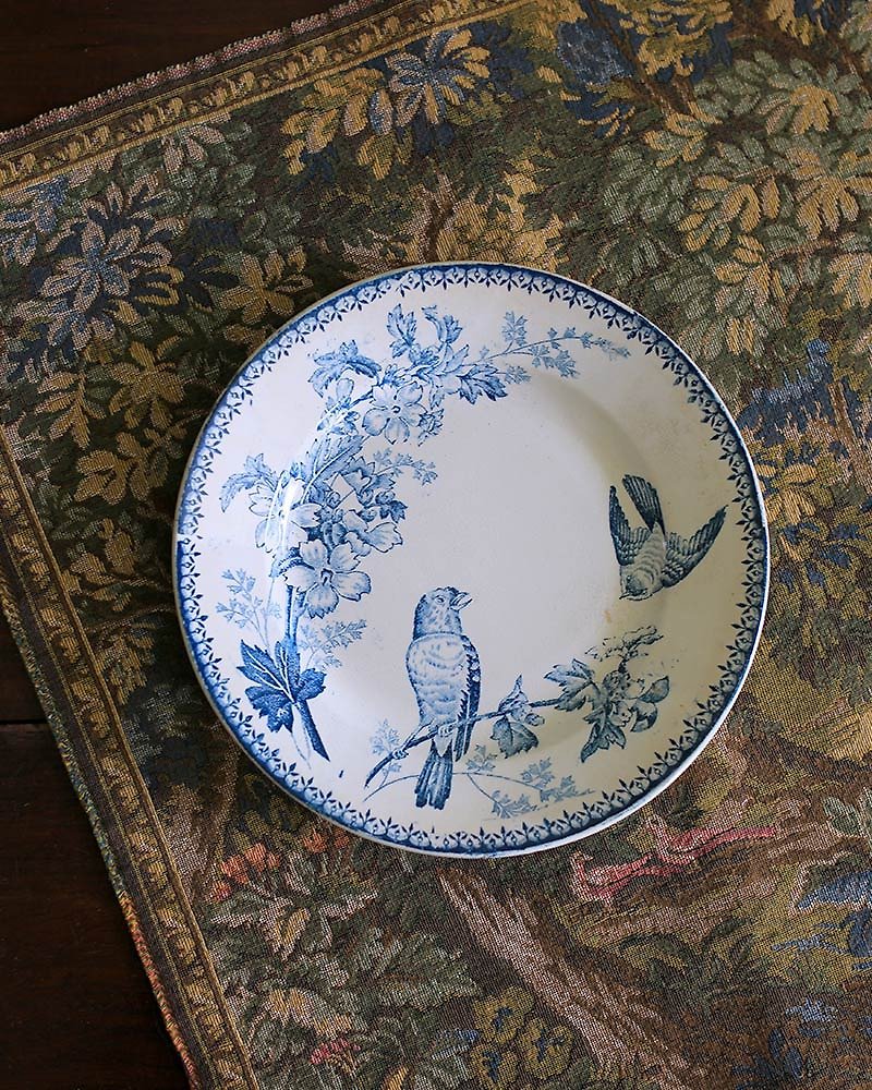 法國【燕鳥花香】古董餐盤 復古 花鳥盤 - 盤子/餐盤 - 陶 藍色