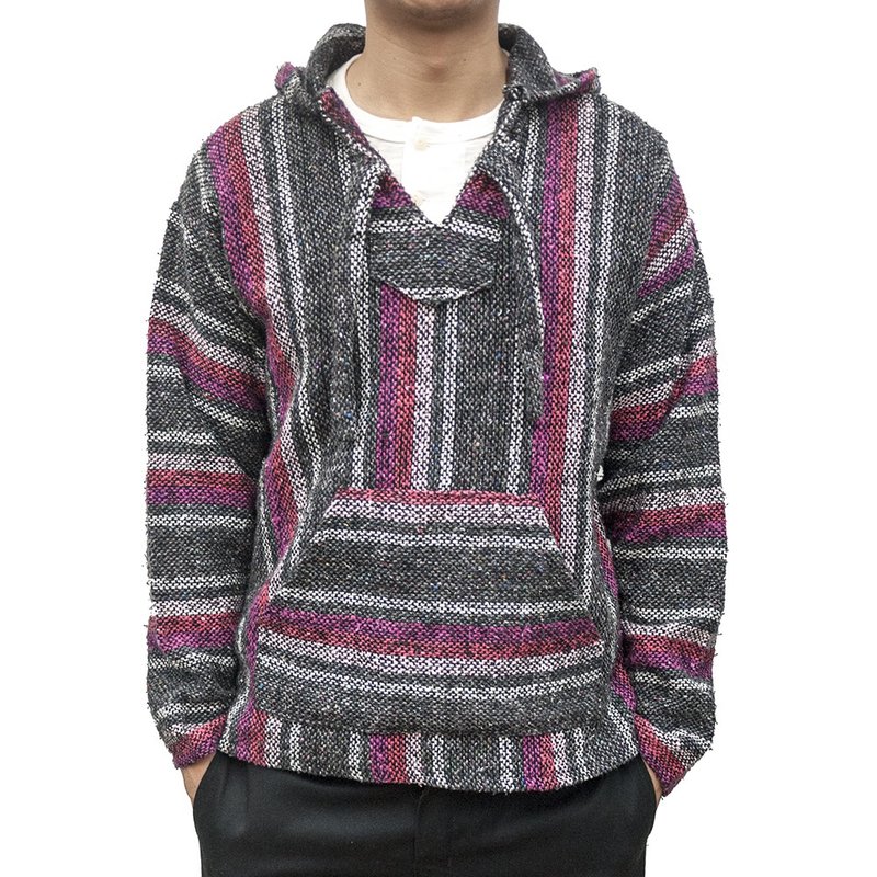 Vintage Mexican baja hoodie 墨西哥帽tee 直條紋 墨西哥製 灰紅 - 帽T/大學T - 其他材質 多色