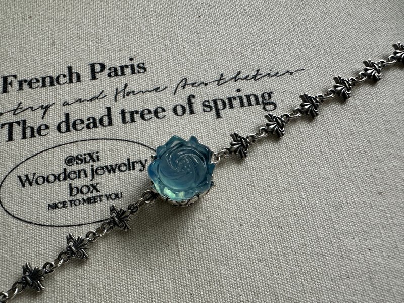 Aquamarine Engraved Peony Flower Crow Star Silver Bracelet - Bracelets - Crystal 