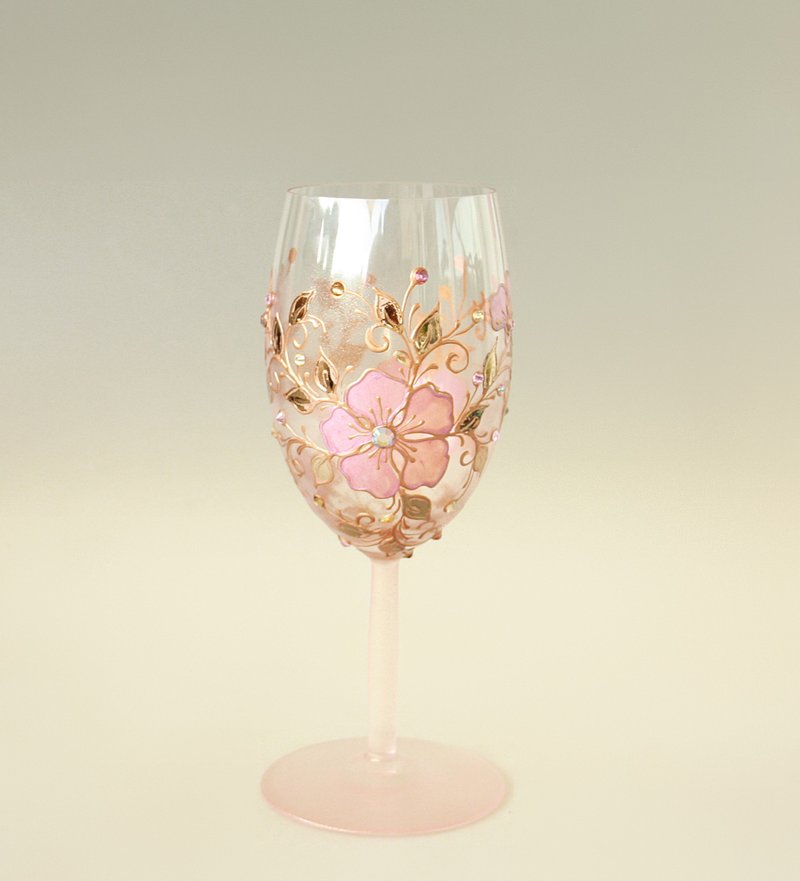 Wine Glass Single, Pink Rose Floral Design Swarovski Crystals Hand Painted - 酒杯/酒器 - 玻璃 粉紅色