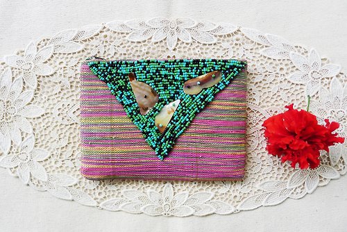 puremorningvintage 80s Handmade Bohemian Straw Beads and Shells Purse,cute clutch,hippie makeup bag