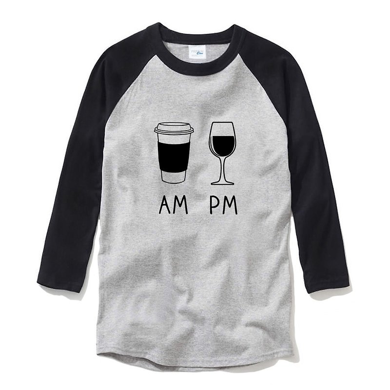 COFFEE AM WINE PM unisex 3/4 sleeve gray/black t shirt - เสื้อยืดผู้ชาย - ผ้าฝ้าย/ผ้าลินิน สีเทา