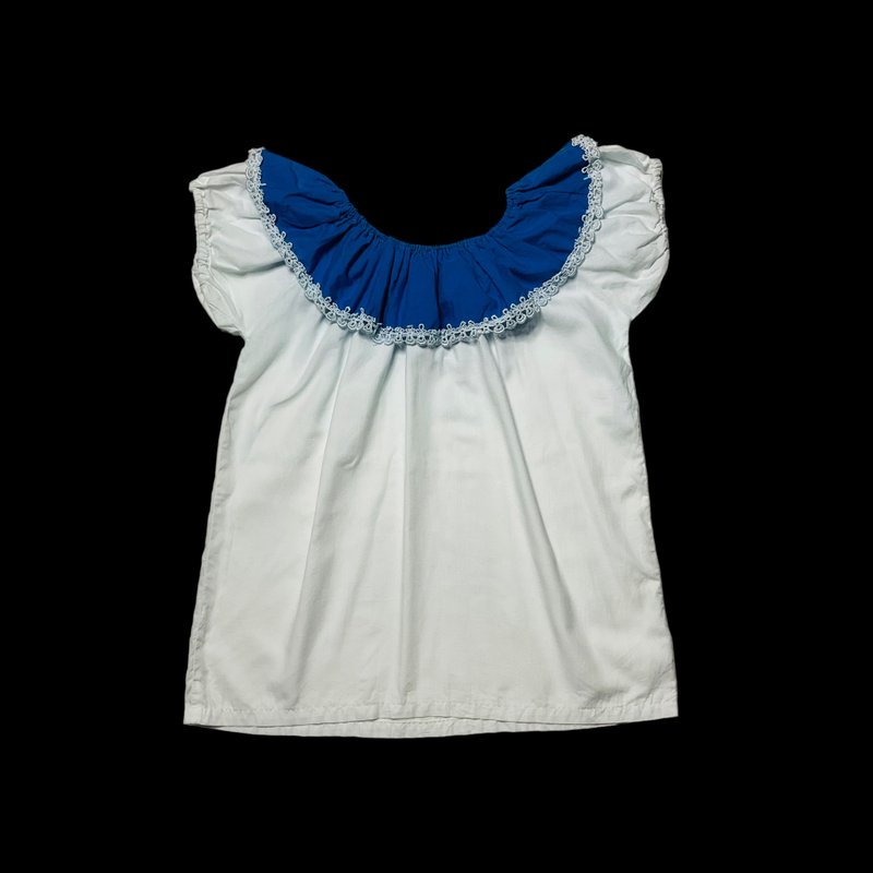 一字領藍白蕾絲上衣 - 女襯衫 - 棉．麻 白色