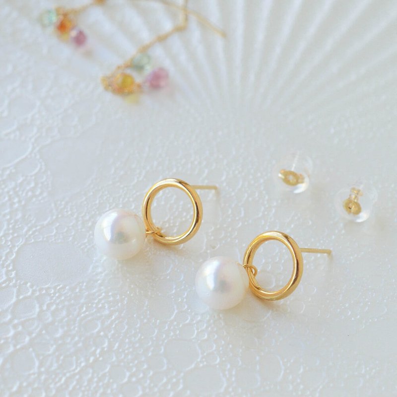 Akoya pearl circle earrings K18 - ต่างหู - ไข่มุก 