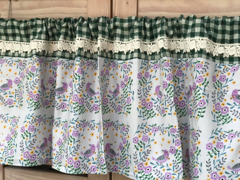 Handmade by Ouleita**Green grid light gray Nordic style bird garden short curtain - Doorway Curtains & Door Signs - Cotton & Hemp Gray