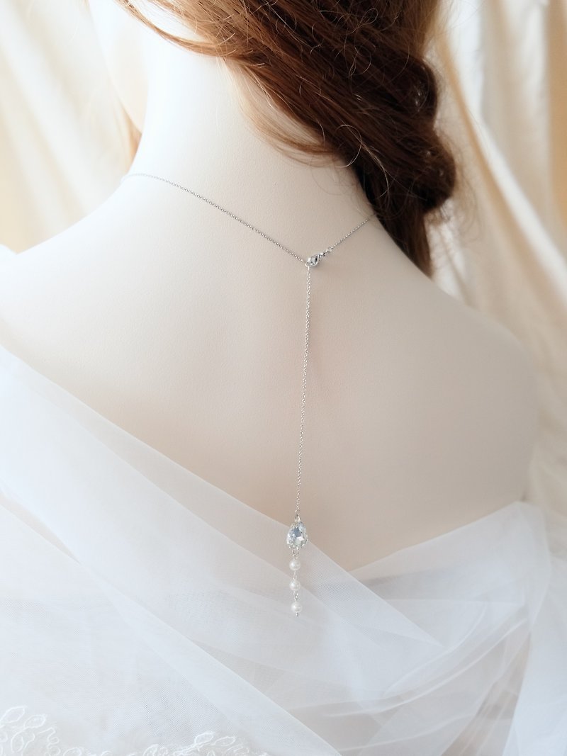 其他材質 項鍊 白色 - Delicate bride necklace / Swarovski pearl and rhinestone back necklace wedding