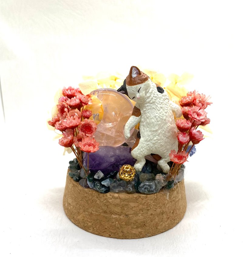 Cat and Rose Quartz Moon/Amethyst-Crystal Doll Dried Flower Arrangement - ของวางตกแต่ง - คริสตัล 