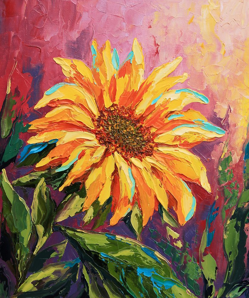 Sunflower Painting Floral Original Art Impasto Artwork Rustic Oil Wall Art - โปสเตอร์ - วัสดุอื่นๆ สีเหลือง