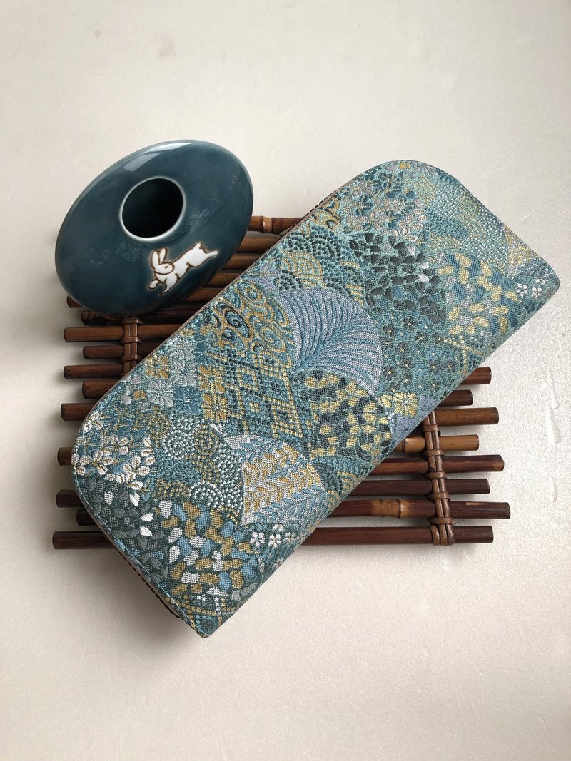 京西陣金襴錦織【碧綠花傘】-長夾/皮夾/零錢包/禮物 - 錢包/皮夾/長短夾 - 繡線 綠色