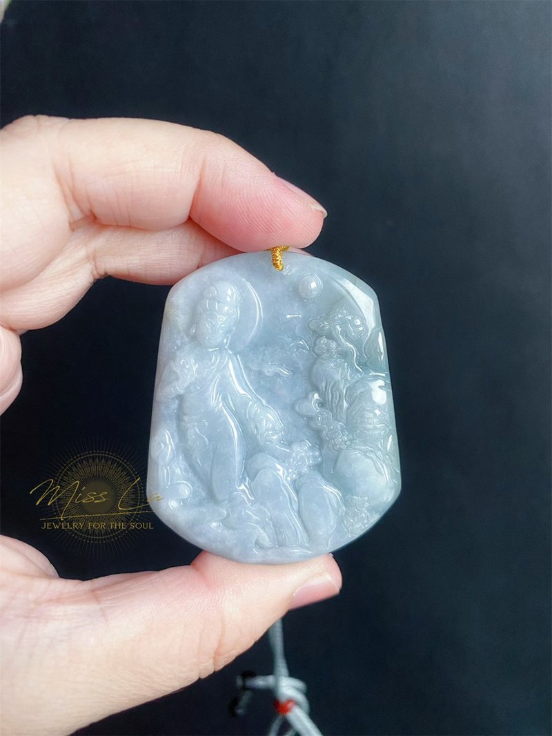 【售出】天然緬甸玉翡翠 沉香 山水觀音 菩薩 禮物 玉牌 項鍊 吊 - 長項鍊 - 玉石 綠色