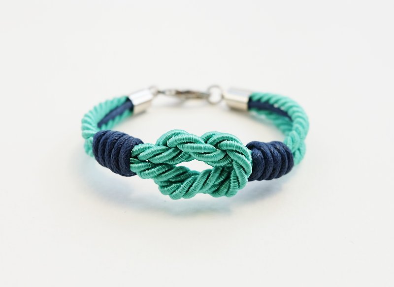Mint tie the knot bracelet with navy blue waxed cotton cord - 手鍊/手鐲 - 其他材質 綠色