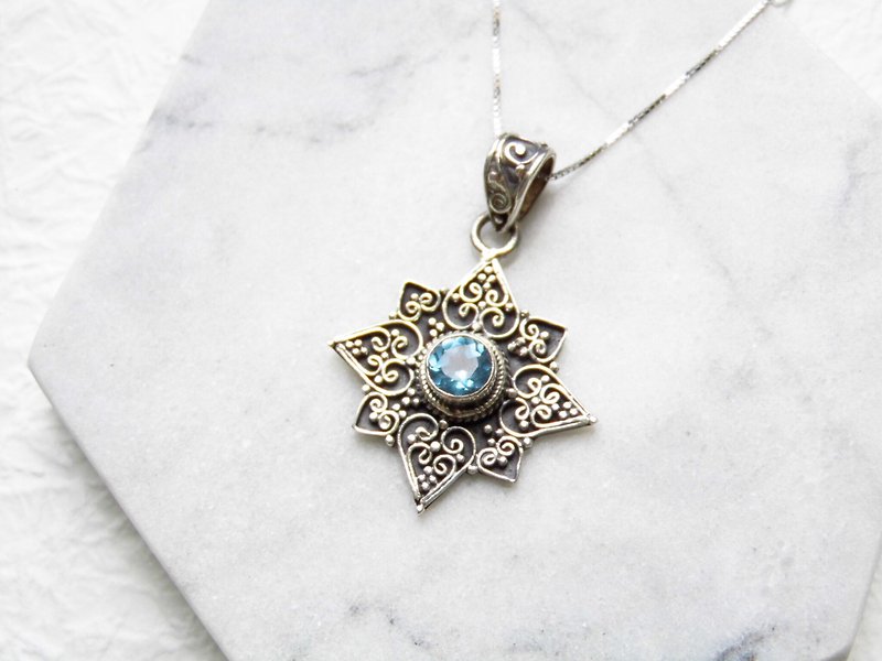 Blue topaz blue topaz 925 sterling silver thick carved eight Mans star necklace inlaid hand-made in Nepal - Necklaces - Gemstone Blue