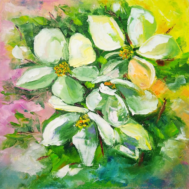 White Flower Painting, Hand- Painted, Blooming Apple Tree Art, Home decoration - 海報/掛畫/掛布 - 棉．麻 多色