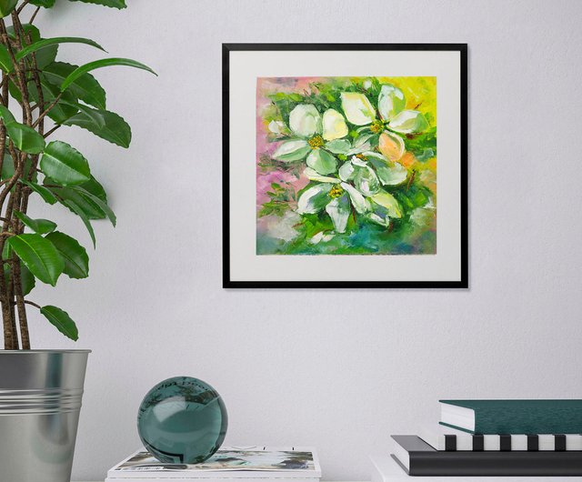 白い花の絵、手描き、咲くリンゴの木のアート、家の装飾