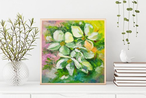 優先配送 白い花の絵、手描き、咲くリンゴの木のアート、家の装飾 絵画