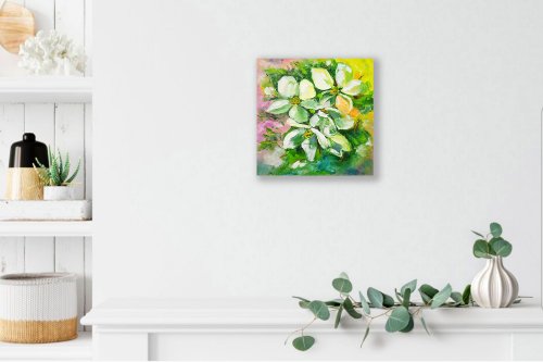 白い花の絵、手描き、咲くリンゴの木のアート、家の装飾