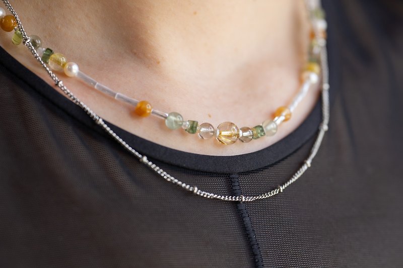 Autumn Wind/Necklace/-Titanium crystal beaded necklace double chain - Necklaces - Crystal Yellow
