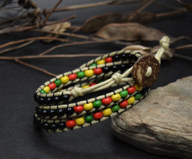 Aadi Bracelet - Wood > Metal Beads, Green > Red Twine