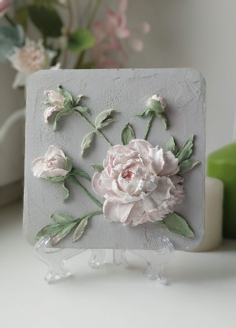 牡丹畫 White peonies painting Floral painting Flower wall art decor Mom gift - 壁貼/牆壁裝飾 - 其他材質 灰色