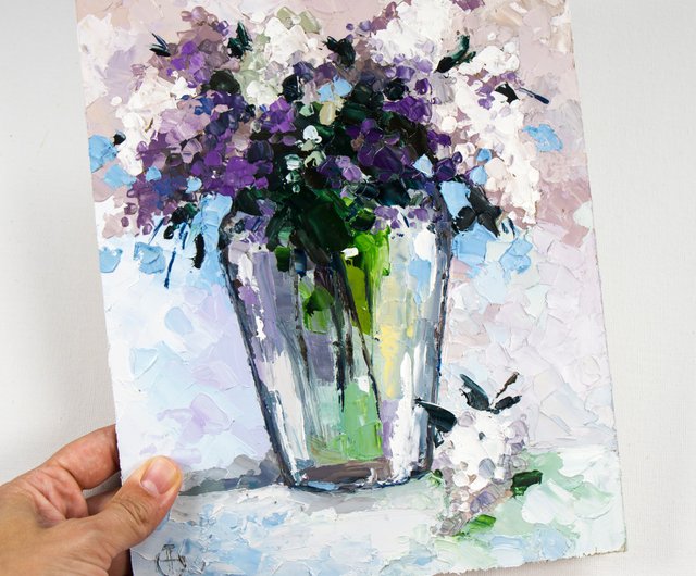 ライラック絵画花束花オリジナルアート花柄静物油絵 - ショップ Nadya