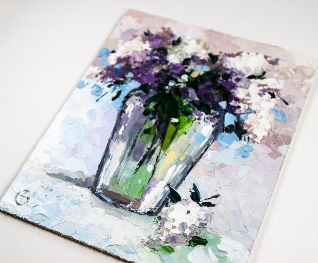 ライラック絵画花束花オリジナルアート花柄静物油絵 - ショップ