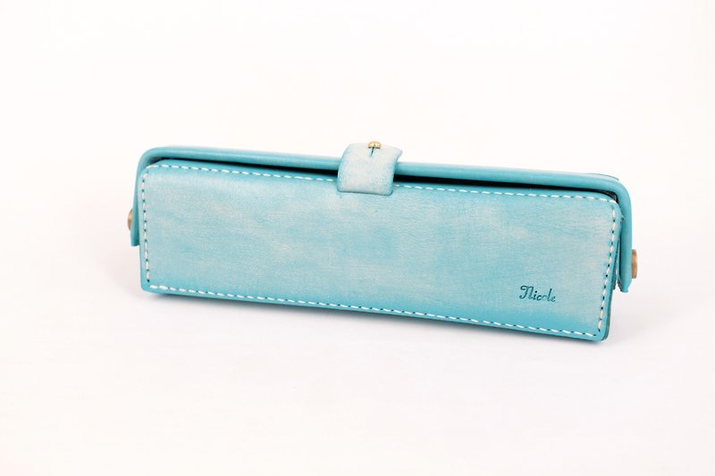 MOOS American retro doctor's mouth gold bag design leather pen case (pink blue brush Wax) - กล่องดินสอ/ถุงดินสอ - หนังแท้ สีน้ำเงิน