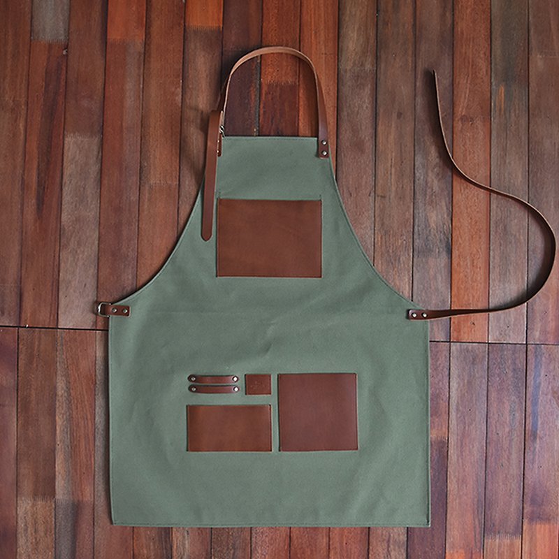 【From Seoul】 Leather work apron (khaki) - Aprons - Genuine Leather Khaki