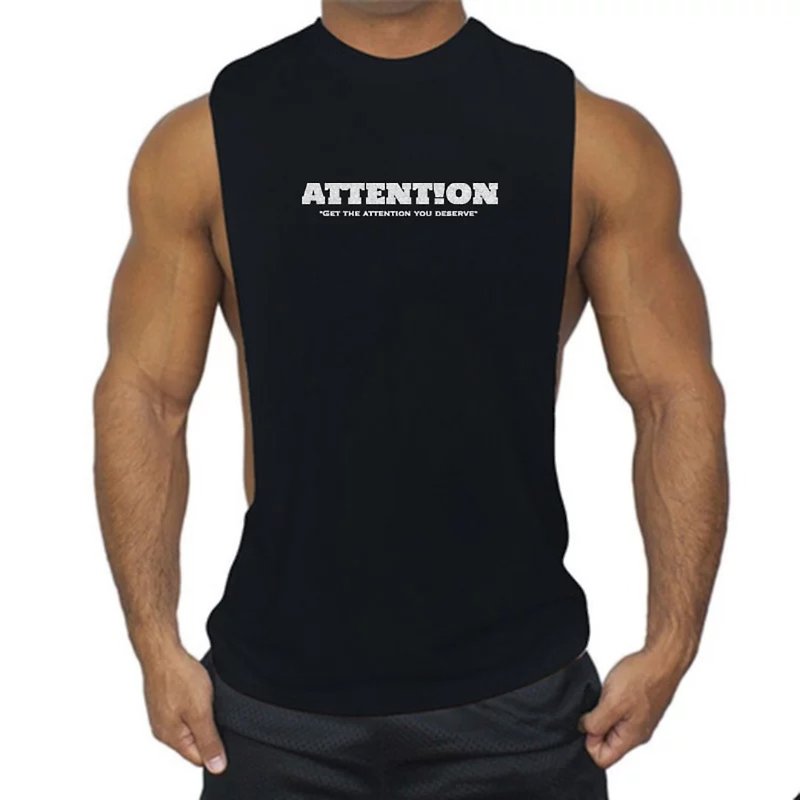 AttentionWear Muscle Tank【Black】│ATTENTION sleeveless, sports wear, gymwear - เสื้อกั๊กผู้ชาย - ผ้าฝ้าย/ผ้าลินิน สีดำ