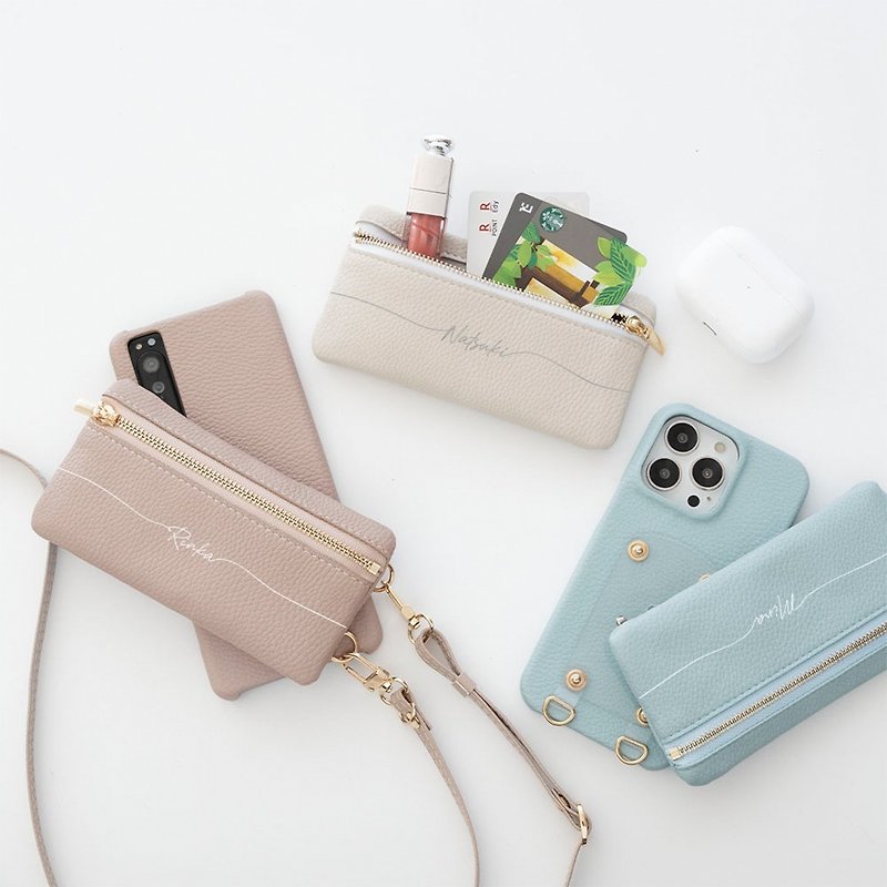 Compatible with many models Rotating round smartphone case [Top zipper pouch with name] Smartphone shoulder card case coin case wallet Dull color BE10U - เคส/ซองมือถือ - หนังแท้ สีน้ำเงิน