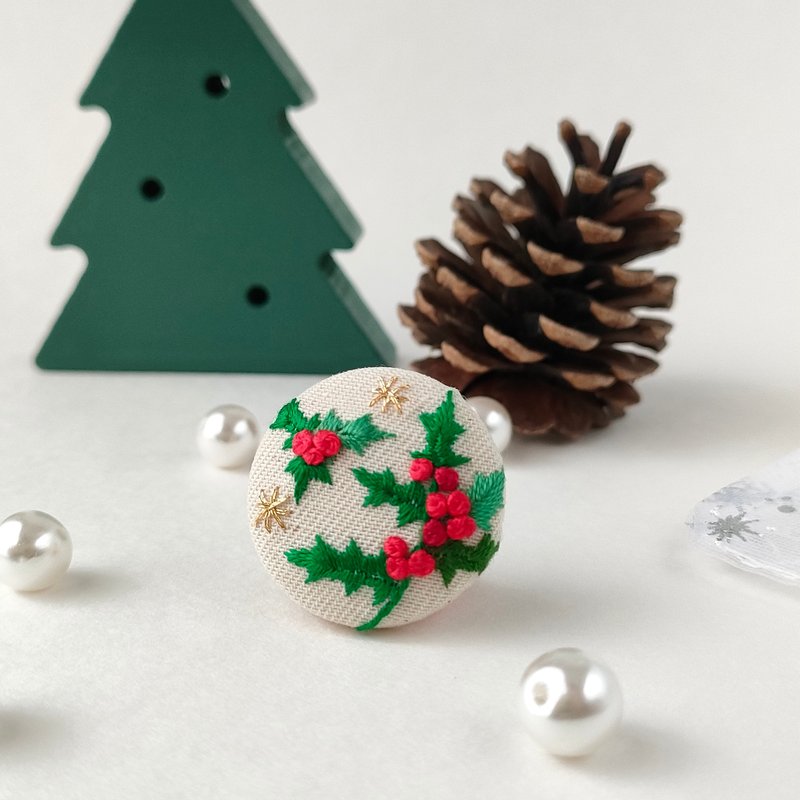 Mini Holly Embroidered Brooch or Embroidered Hair Tie - Brooches - Cotton & Hemp Green