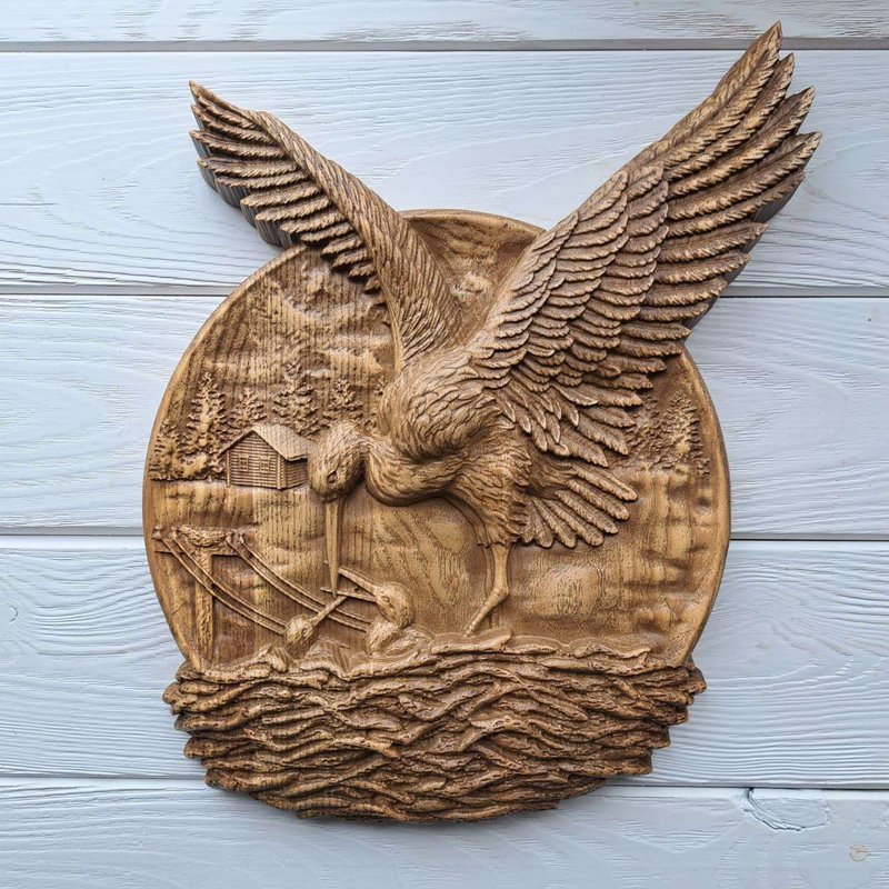 Wooden Stork A Wall Picture and Bas-Relief for Room Decoration, an Art Object an - 壁貼/牆壁裝飾 - 木頭 咖啡色