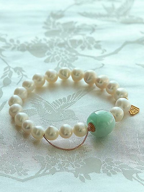 Sri Yantra 天然珍珠搭配翡翠轉運珠手鏈 稱心如意 母親節情侶禮物