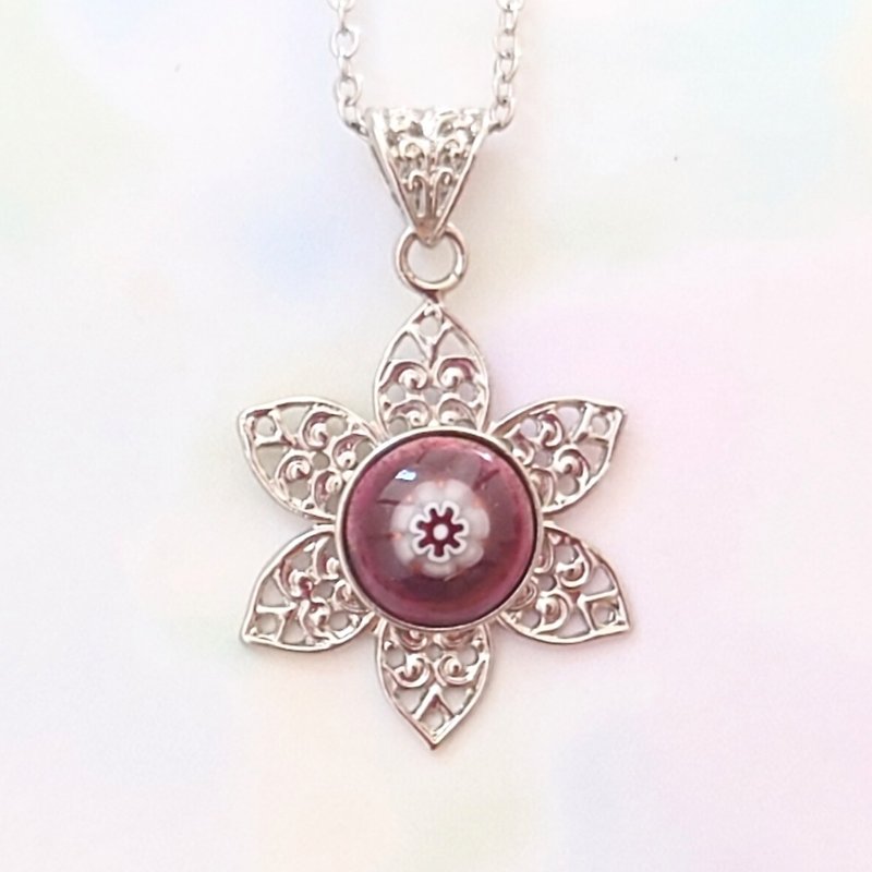 Cloisonne millefiori flower lover pattern necklace - Necklaces - Glass Red