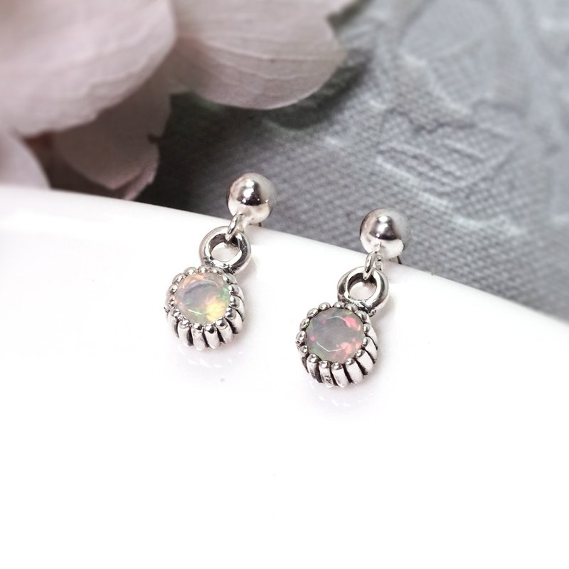 October birthstone opal sterling silver earrings Silver design natural stone birthday gift - ต่างหู - เงินแท้ สีเงิน