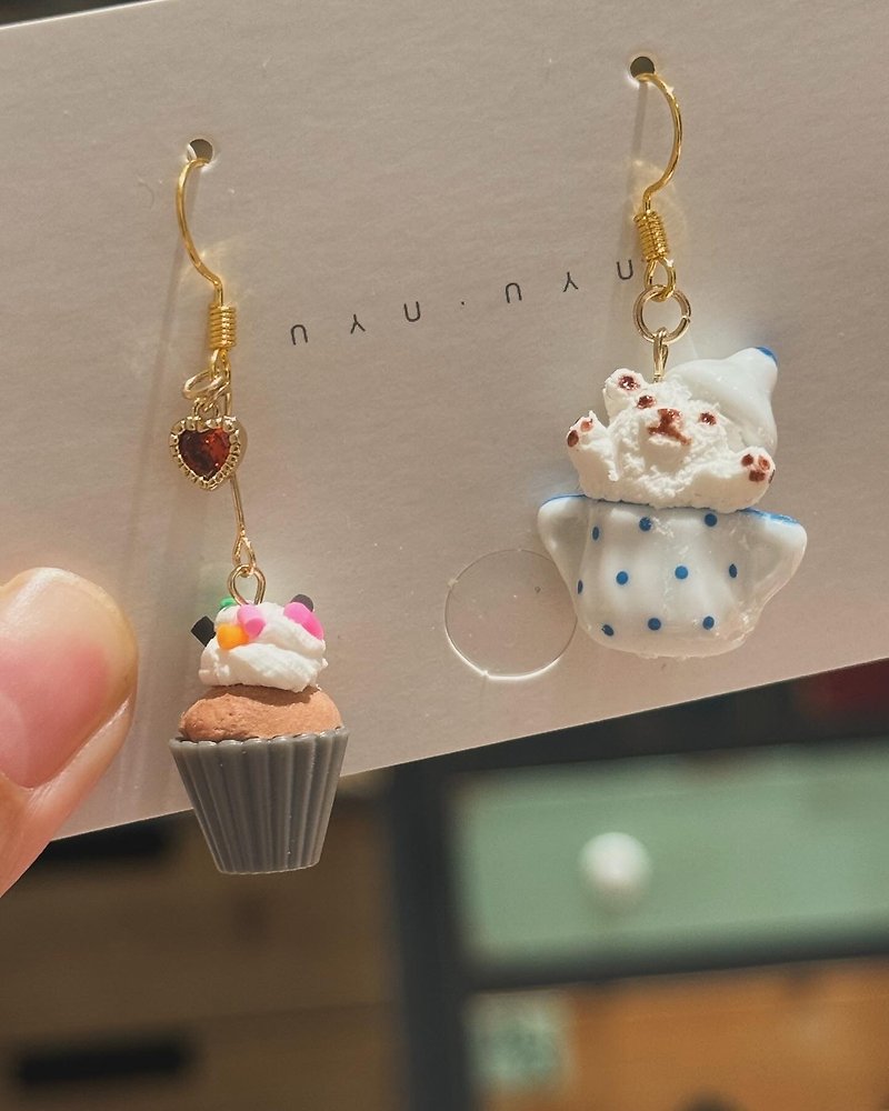 Milk Teapot Bear with Cupcake Earrings - Earrings & Clip-ons - Other Materials White