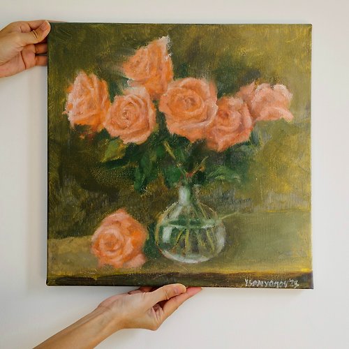 SemyonovArt Studio Roses Flowers Original Art Oil Painting Wall Decor Beautiful Cream Roses
