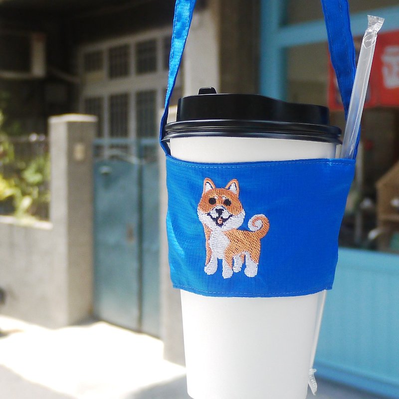 柴犬が刺繍され、環境保護袋飲料カップセットの英語名に戻ることができますバッグ - ドリンクホルダー - 刺しゅう糸 