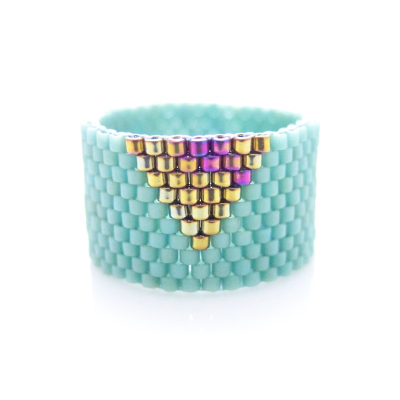 Beaded Mint Ring, Mint Triangle Ring, Gold Triangle Ring, Dreadlock Bead, Geometric - General Rings - Glass Blue