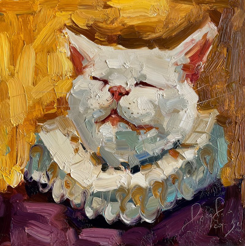 Cat Portrait Cat Oil Painting White Cat ArtWork Cat Lovers Gift Cat Portrait - ตกแต่งผนัง - วัสดุอื่นๆ สีเหลือง