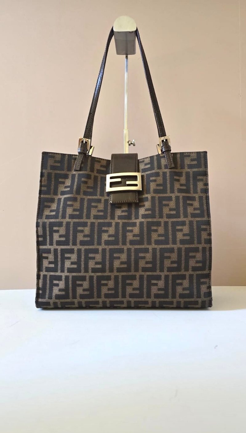 絕版古董包 稀有Fendi黑咖啡色老花側背包 單肩包 托特包 中古 - 側背包/斜背包 - 尼龍 咖啡色