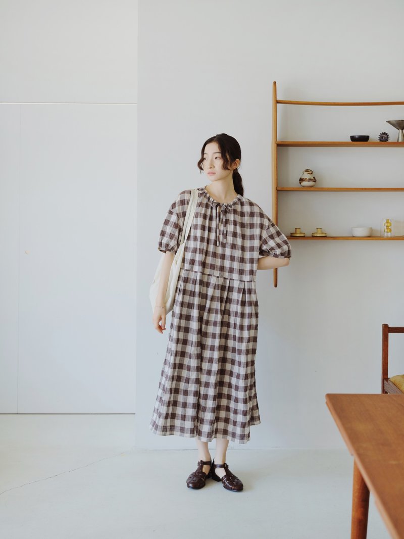 KOOW Japanese concave and convex air plaid dress Linen thin one-piece - One Piece Dresses - Cotton & Hemp Multicolor