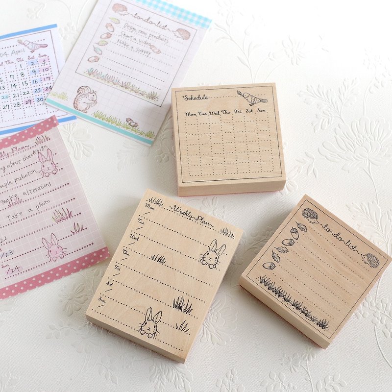[Set of 3 Schedule Stamp] Monthly Calendar/Weekly/To-do List TODOLIST Sticky Note Stamp for Notebooks Rabbit Small Bird Hedgehog - Stamps & Stamp Pads - Rubber Khaki