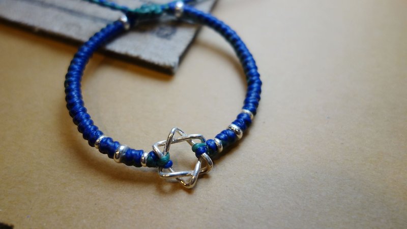 Star of David six-pointed star 925 sterling silver silk Wax thread braided bracelet / Hexagram 925 silver - สร้อยข้อมือ - เงินแท้ สีน้ำเงิน
