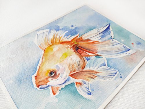 金魚の絵 魚 手描き 原画 水彩画 アートワーク うお座