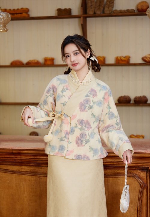 伊甸原創改良旗袍 暖杏印花 復古花花日式夾棉漢服外套 新中式中秋春節改良旗袍
