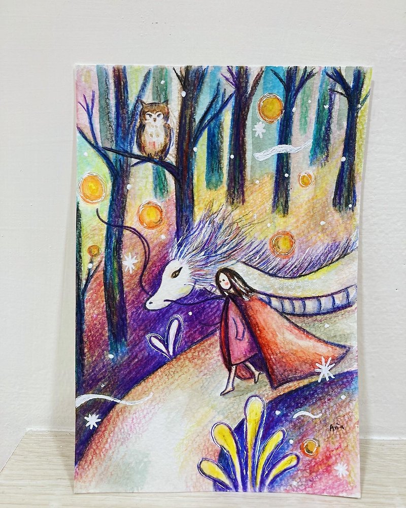 Girl, dragon and owl hand drawn energy painting - Illustration, Painting & Calligraphy - Other Materials 