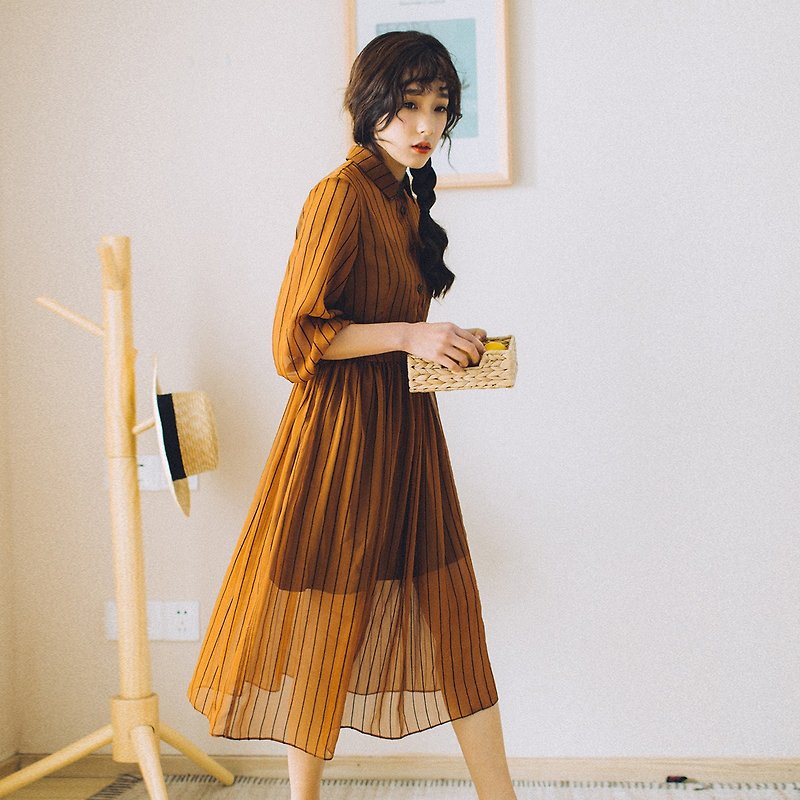 Anne Chen 2017 summer new women's vertical striped slim skirt dress - ชุดเดรส - ผ้าฝ้าย/ผ้าลินิน สีเหลือง